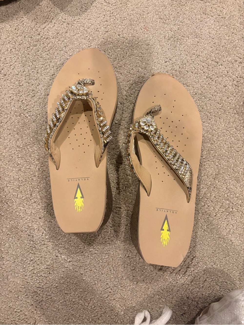 Volatile Tan Wedge Sandals with Gold Crystal Straps